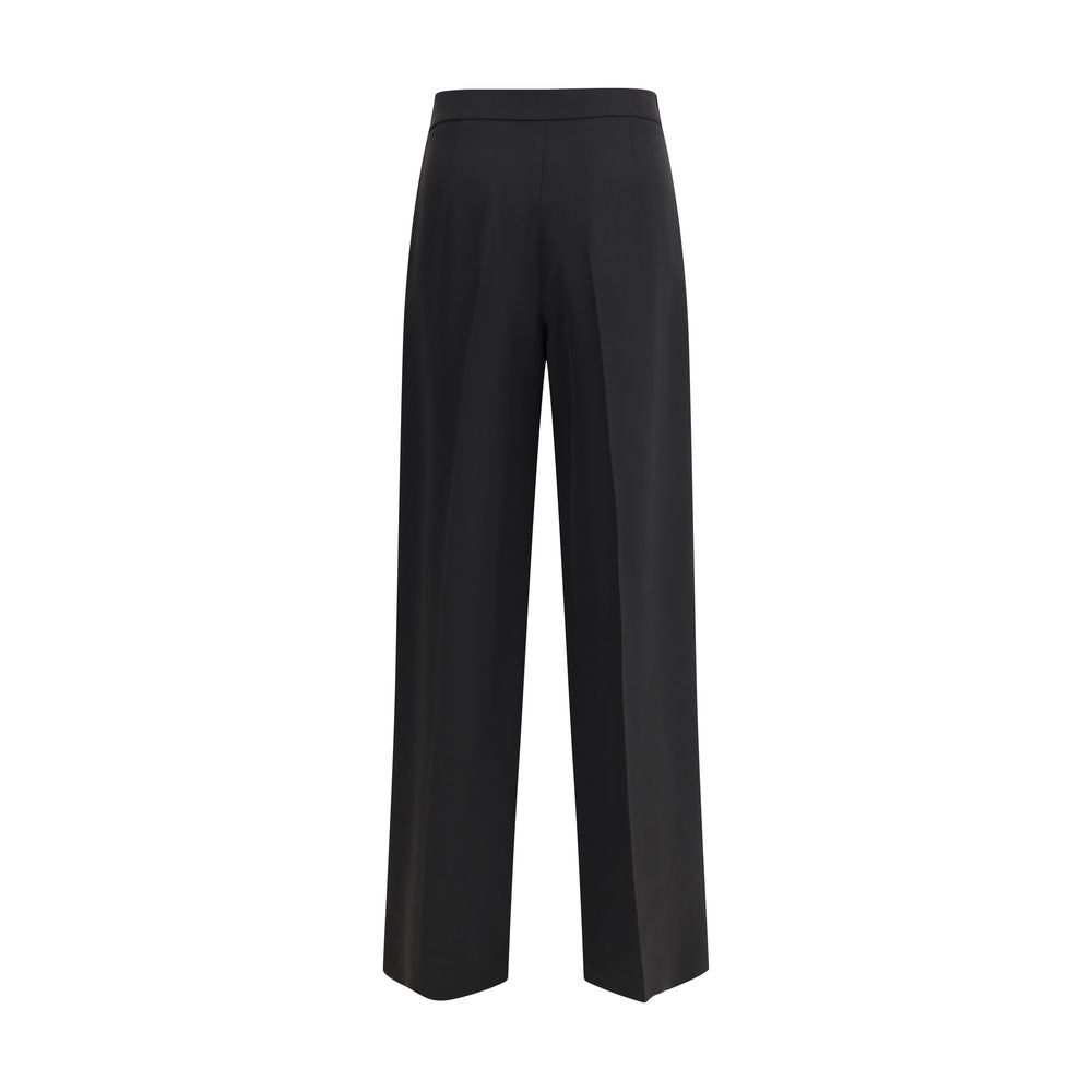 Giorgio Armani Black Silk Casual Pants featuring a straight-line design with pressed darts, special buttons, and side zipper closure.