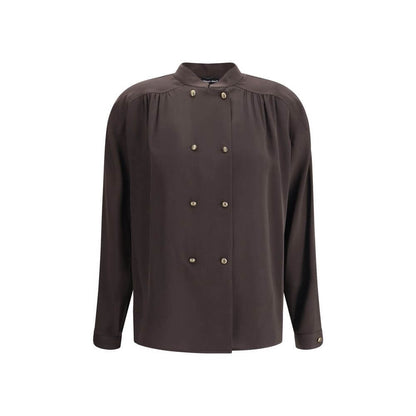 Giorgio Armani Brown Silk Shirt with double-breasted closure, embossed buttons, and mandarin collar, perfect for refined style.
