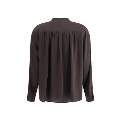 Back view of Giorgio Armani Brown Silk Shirt with mandarin collar and elegant silhouette.