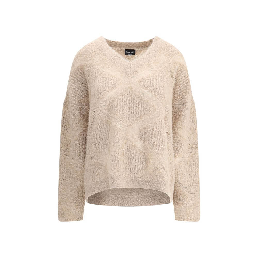 Giorgio Armani Cream Cashmere Cashmere Sweater with V-neck and sheer effect, blend of cashmere, alpaca, silk for AW25 season.