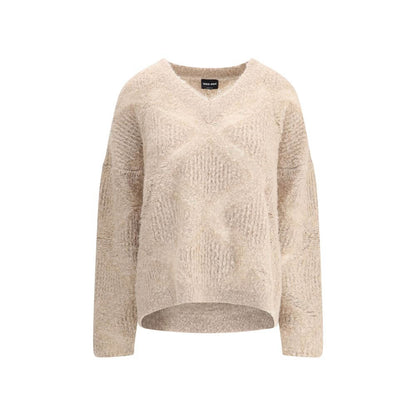 Giorgio Armani Cream Cashmere Cashmere Sweater with V-neck and sheer effect, blend of cashmere, alpaca, silk for AW25 season.