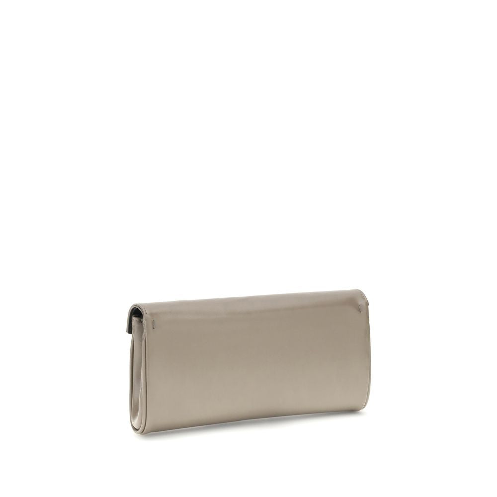 Giuseppe Zanotti Beige Leather Clutch Bag with gold-tone chain and logoed metal closure, ideal for stylish and compact accessory needs.
