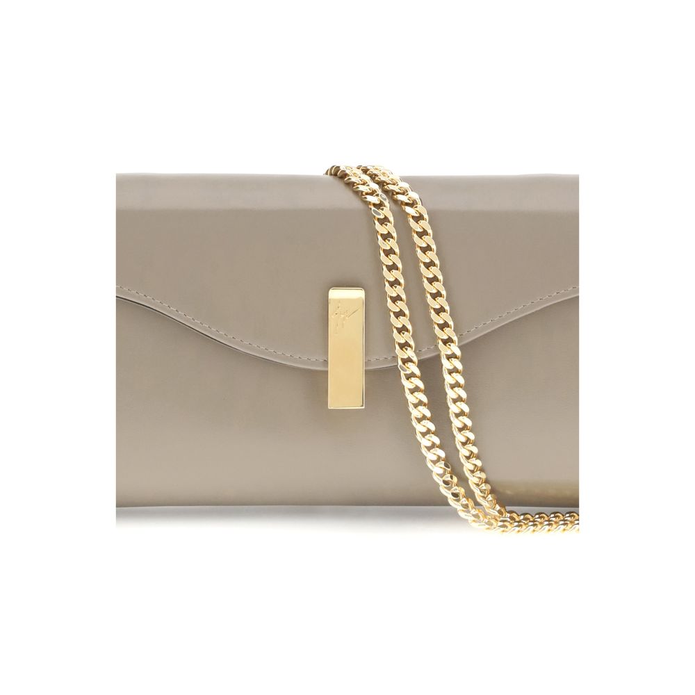 Giuseppe Zanotti Beige Leather Clutch Bag with gold-tone chain and metal closure, showcasing elegant design and smooth leather finish.