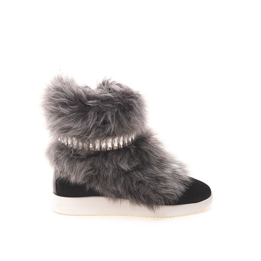 Giuseppe Zanotti Black Neoprene Chunky Sneakers with faux fur and crystals, featuring a round toe and side zipper.