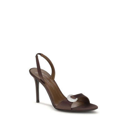 Giuseppe Zanotti Brown Silk Stiletto Heel Sandals with rhinestone front strap for elegant occasions.