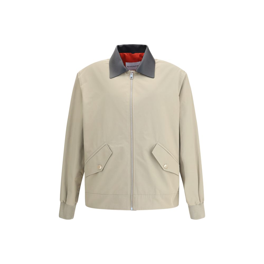 Givenchy Beige Cotton Jackets And Coat with leather collar and zipper closure, featuring side pockets and ribbed trim, AW25 collection.
