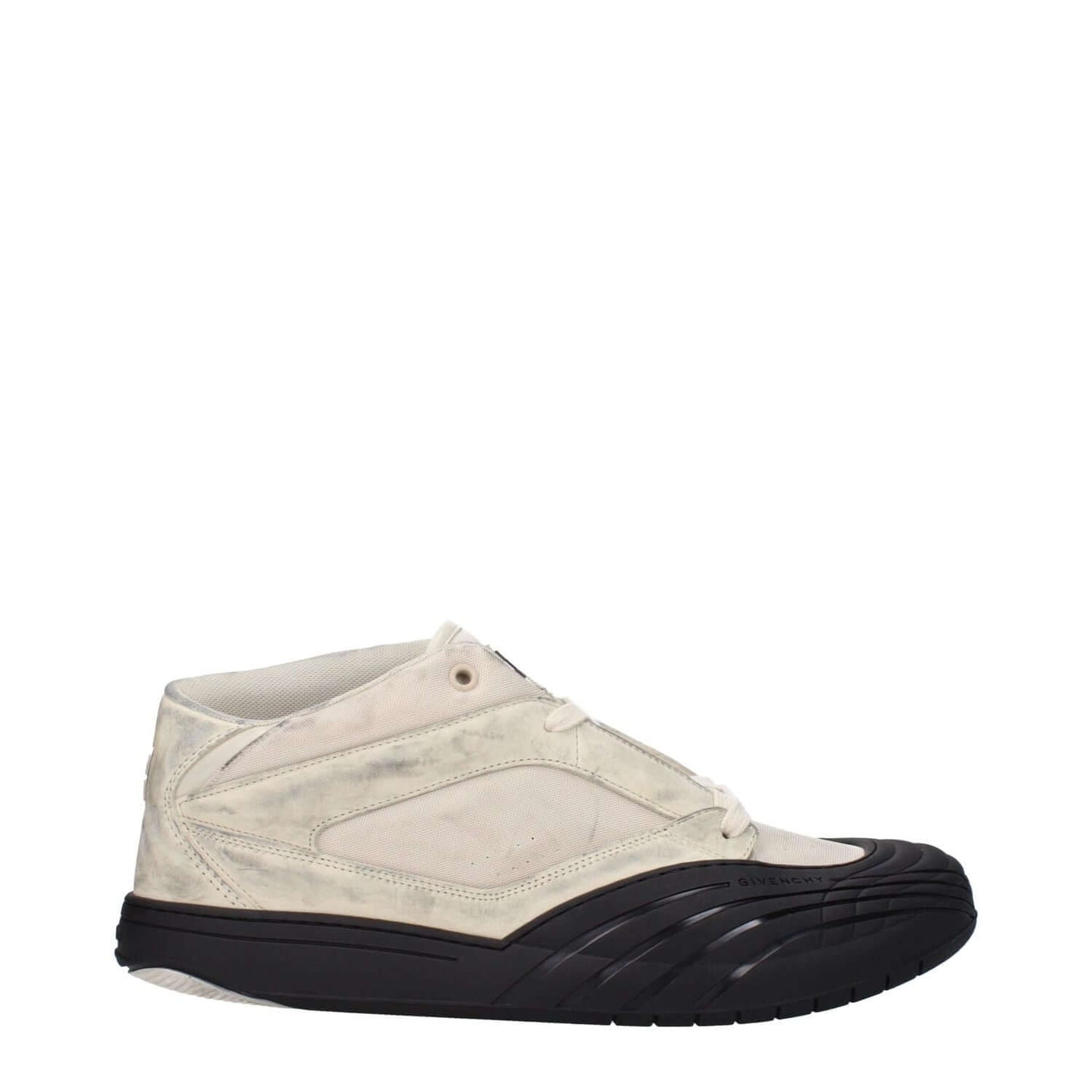 Givenchy Beige Fabric Chunky Sneakers with vintage effect, featuring a black rubber sole and lace-up closure, side view.