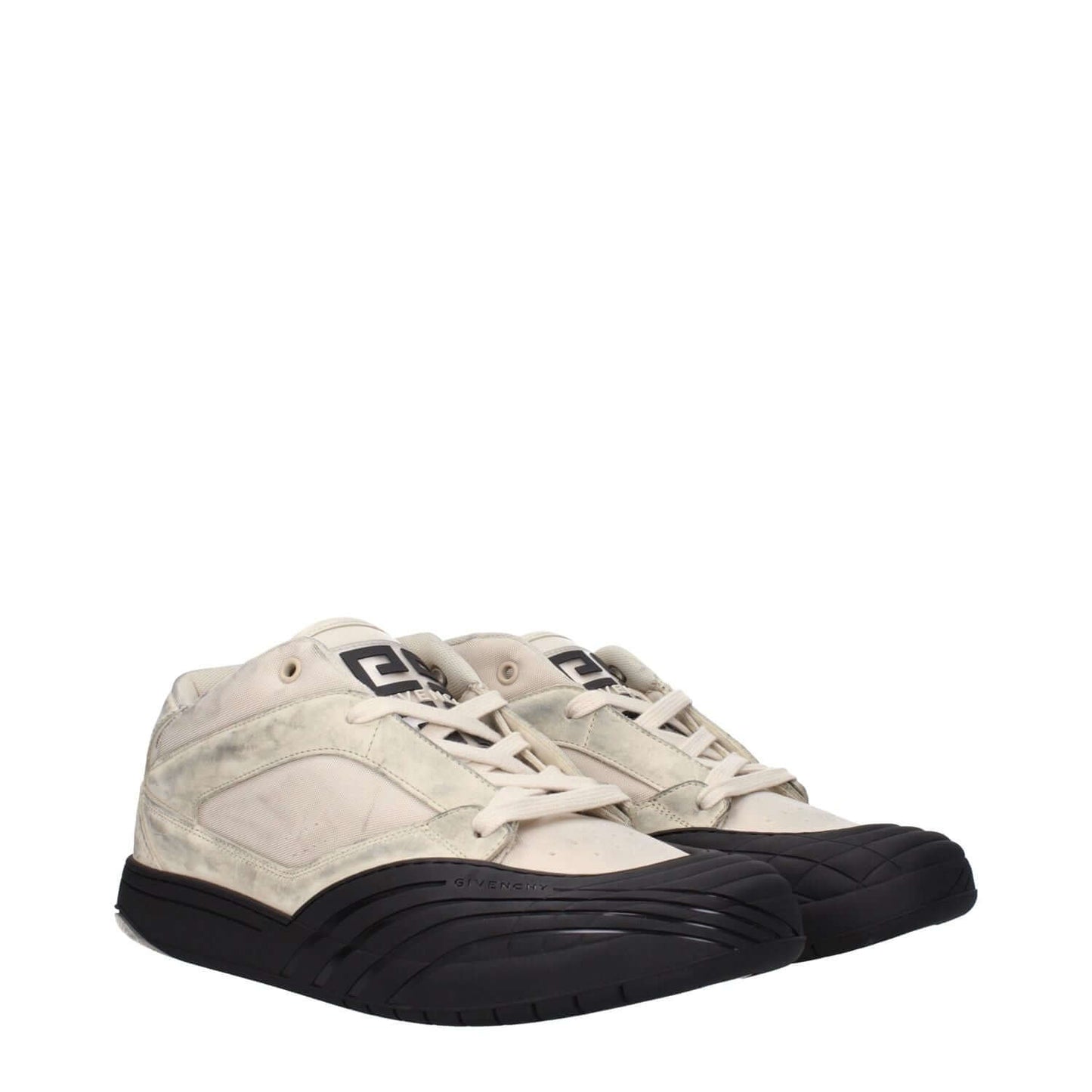 Givenchy Beige Fabric Chunky Sneakers with vintage effect and front logo, featuring lace-up closure and rubber sole for a stylish, casual look.