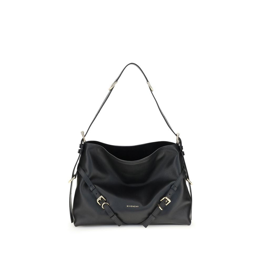 Givenchy Black Calf Leather Bos Taurus Shoulder Bag with V-shaped silhouette and gold-tone details.