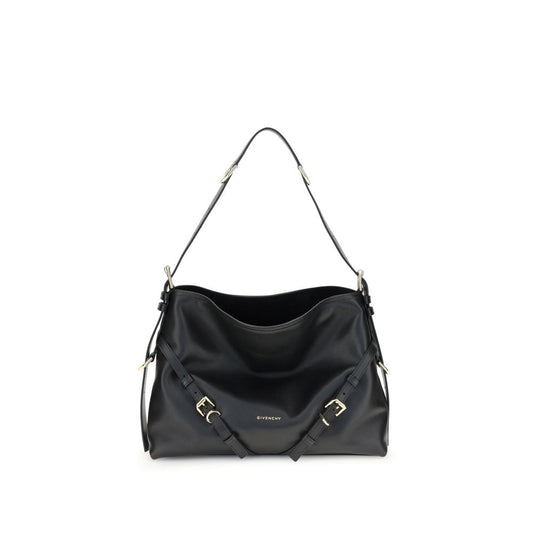 Givenchy Black Calf Leather Bos Taurus Shoulder Bag with V-shaped silhouette and gold-tone details.