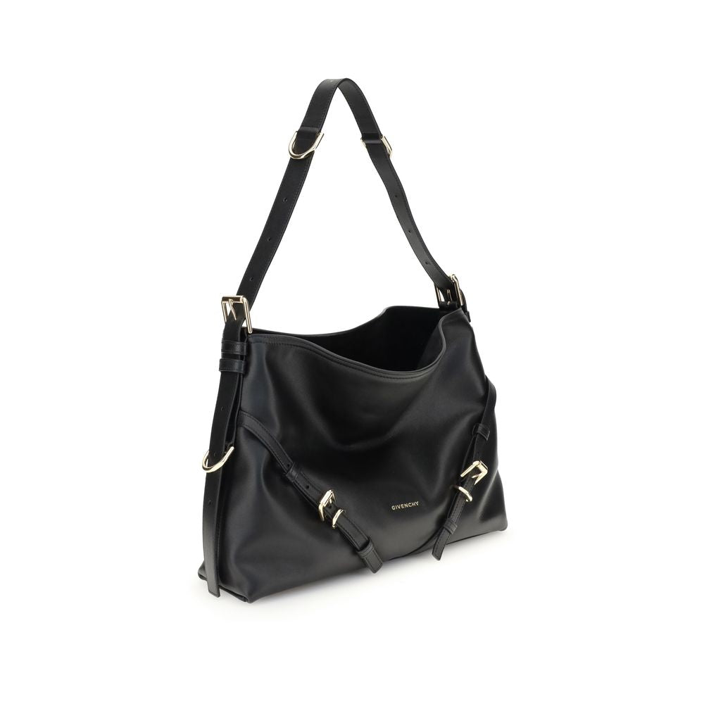 Givenchy Black Calf Leather Bos Taurus Shoulder Bag with V-shaped silhouette and adjustable strap.