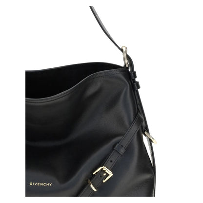 Close-up of Givenchy Black Calf Leather Bos Taurus Shoulder Bag with gold-tone hardware and engraved details.