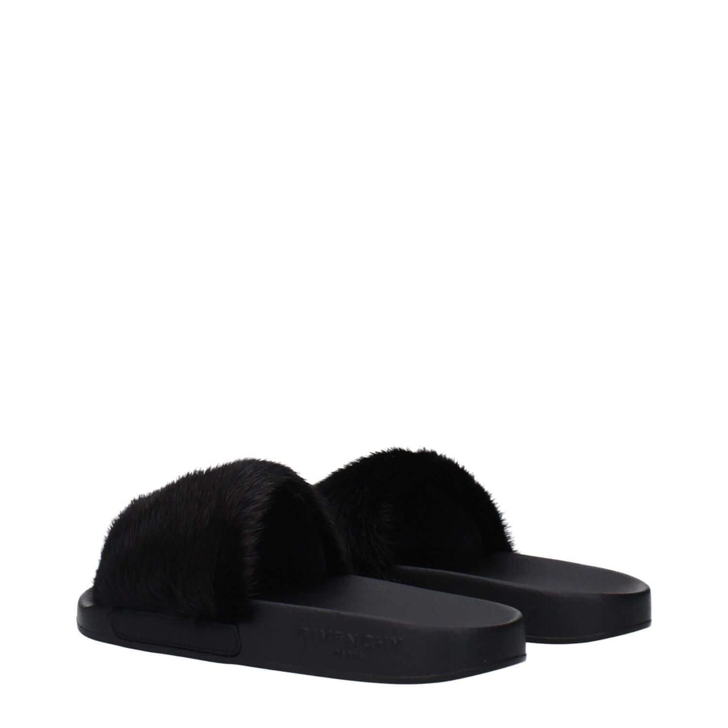 Givenchy Black Cotton Slippers with side logo, open toe, low flat heel, and rubber sole, designed for casual style.