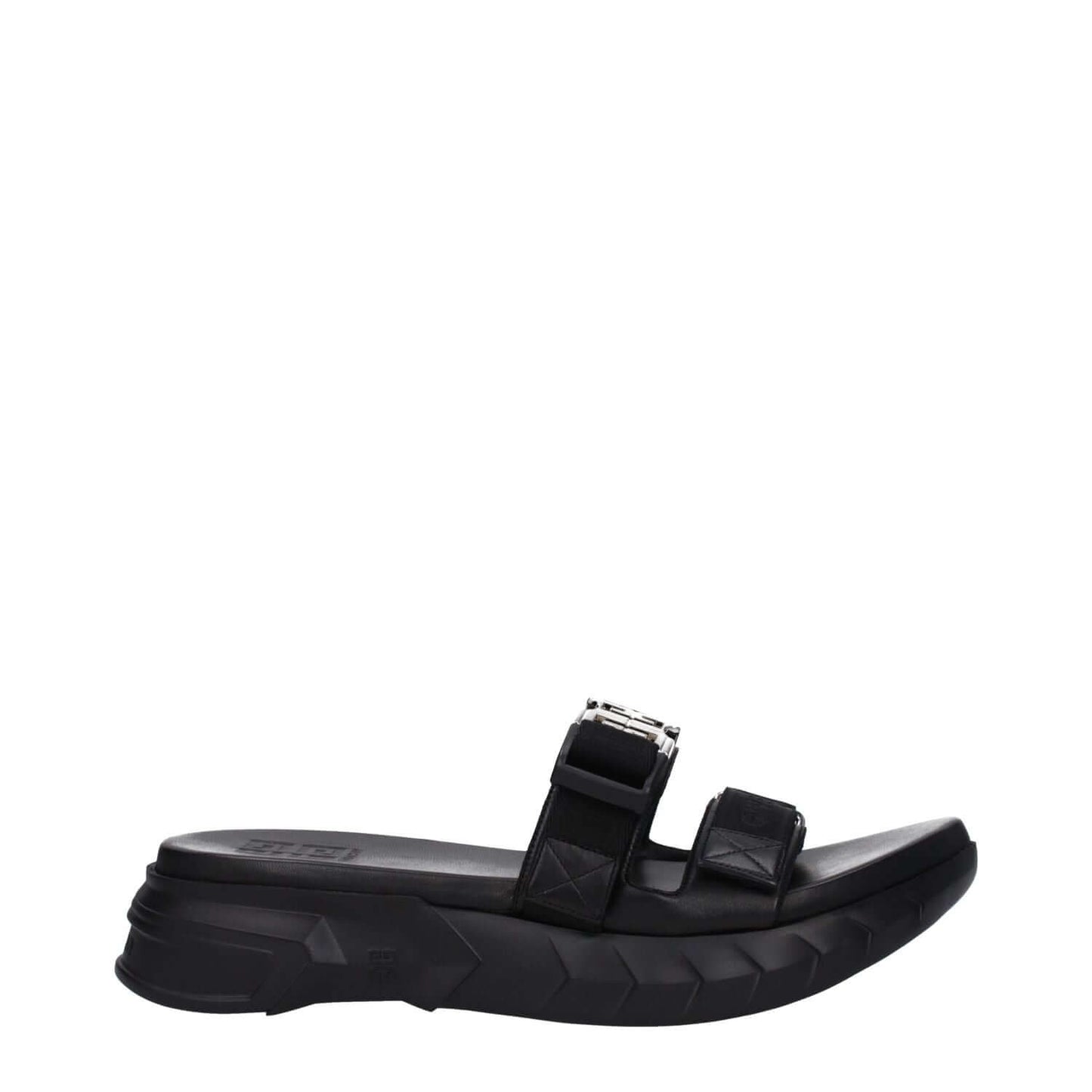 Givenchy Black Fabric Slippers featuring open toe and mid heels, silver logo, rubber sole, and clip closure.