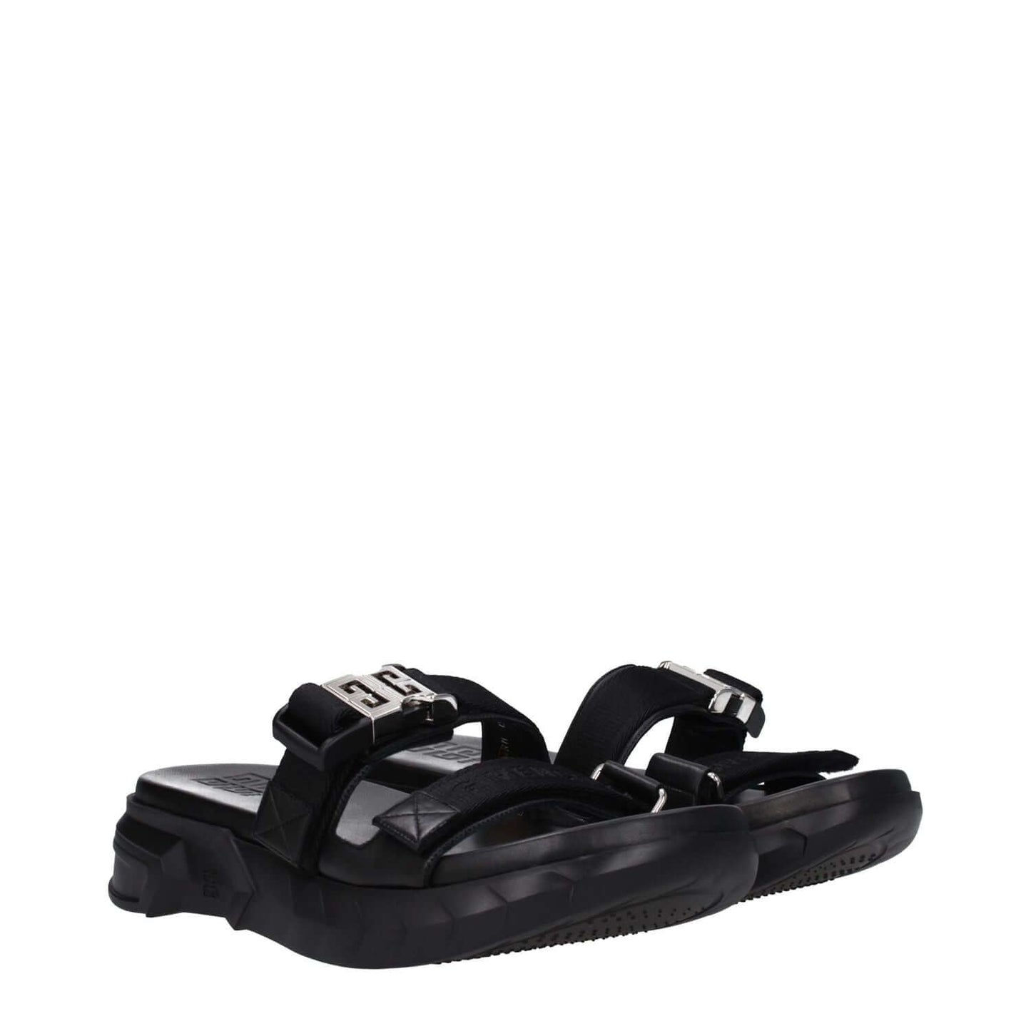 Givenchy Black Fabric Slippers with silver logo, open toe, mid heels, rubber sole, and clip closure.