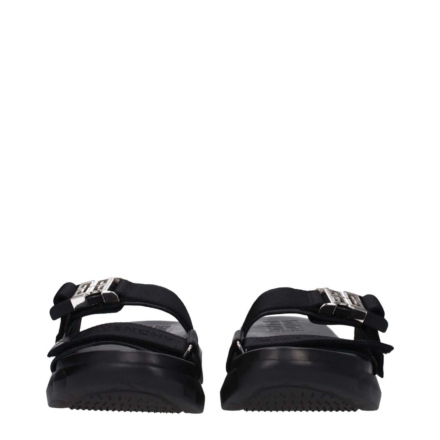 Rear view of Givenchy Black Fabric Slippers with silver clip closure, open toe design, and 4 cm mid heels.