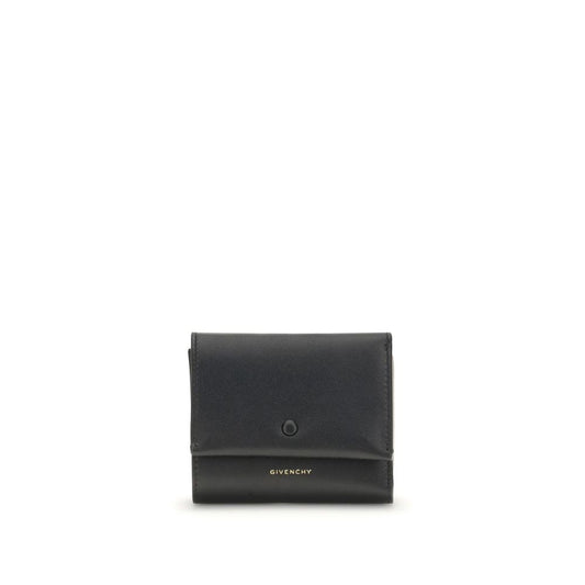 Givenchy Black Lamb Leather Wallet with snap closure and gold logo, featuring card slots and coin pocket, 10x10x3 cm, AW25 season.