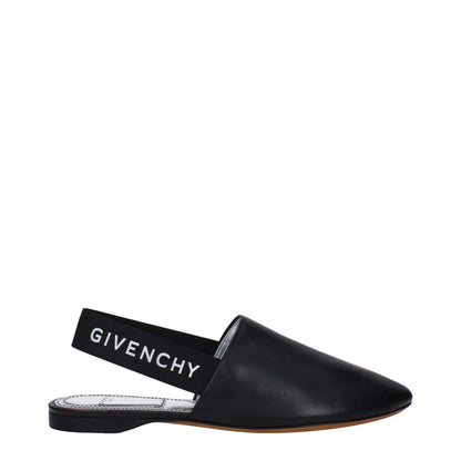 Givenchy Black Leather Mules with side logo, casual style, round toe, low flat heel, code F82375, luxurious leather design.