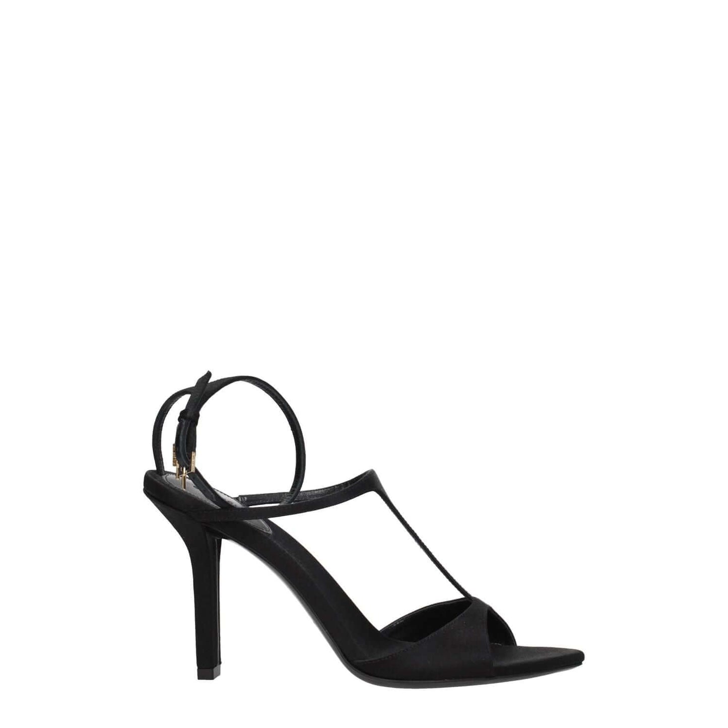 Givenchy Black Satin Stiletto Heel Sandals with buckle closure, open toe and gold details, featuring a sleek high heel for a stylish look.