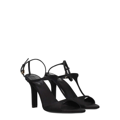 Givenchy Black Satin Stiletto Heel Sandals with gold details, buckle closure, open toe, leather sole, and high heel design.