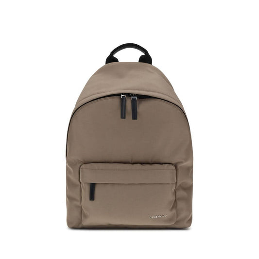 Givenchy Brown Polyamide Backpack with metal signature, double-zip closure, padded straps, and pockets for organized storage.