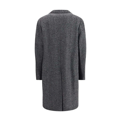 Back view of Givenchy Gray Wool Coat with herringbone pattern and wide lapel, featuring three welt pockets, showcasing elegant outerwear style.
