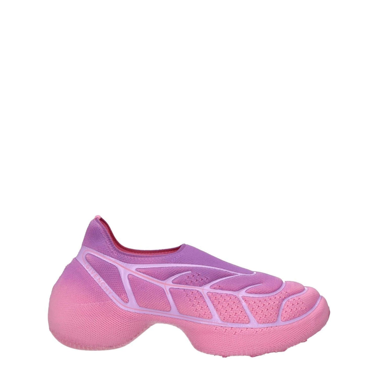 Givenchy Pink Fabric Sneakers with mid heels and round toe, featuring sporty glam style in pink and violet with a 3.5 cm rubber sole.