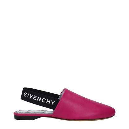 Givenchy Pink Leather Sandals with side and back logos, fuchsia color, casual round toe, low flat heel. MPN BE2003E00H678.
