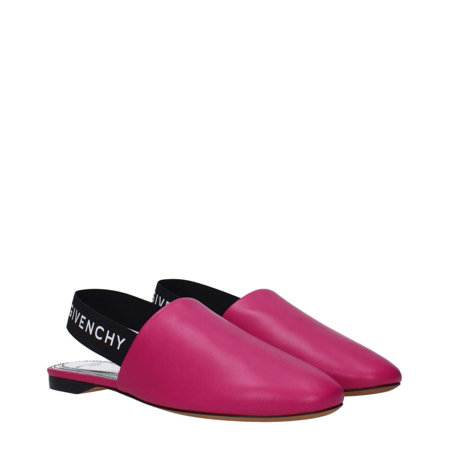 Givenchy Pink Leather Sandals with logos, low flat heel, and round toe design in fuchsia and black.