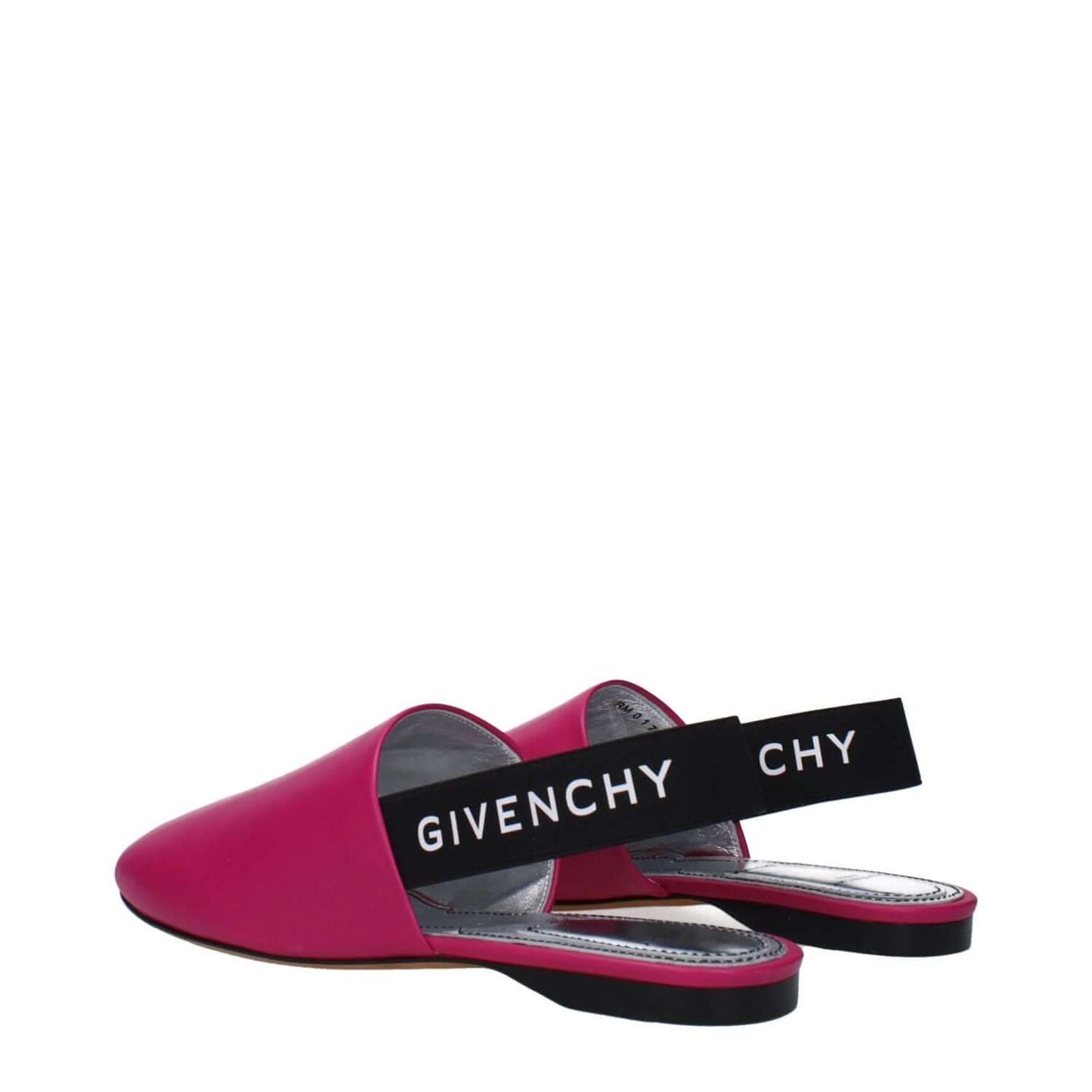 Alt Tag: Givenchy Pink Leather Sandals with side and back logo, featuring round toe and low flat heel in fuchsia and cyclamen color.