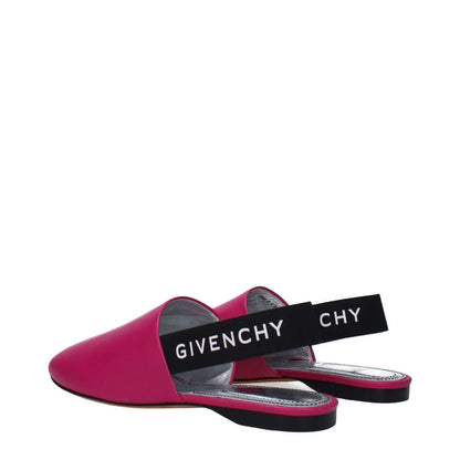 Alt Tag: Givenchy Pink Leather Sandals with side and back logo, featuring round toe and low flat heel in fuchsia and cyclamen color.