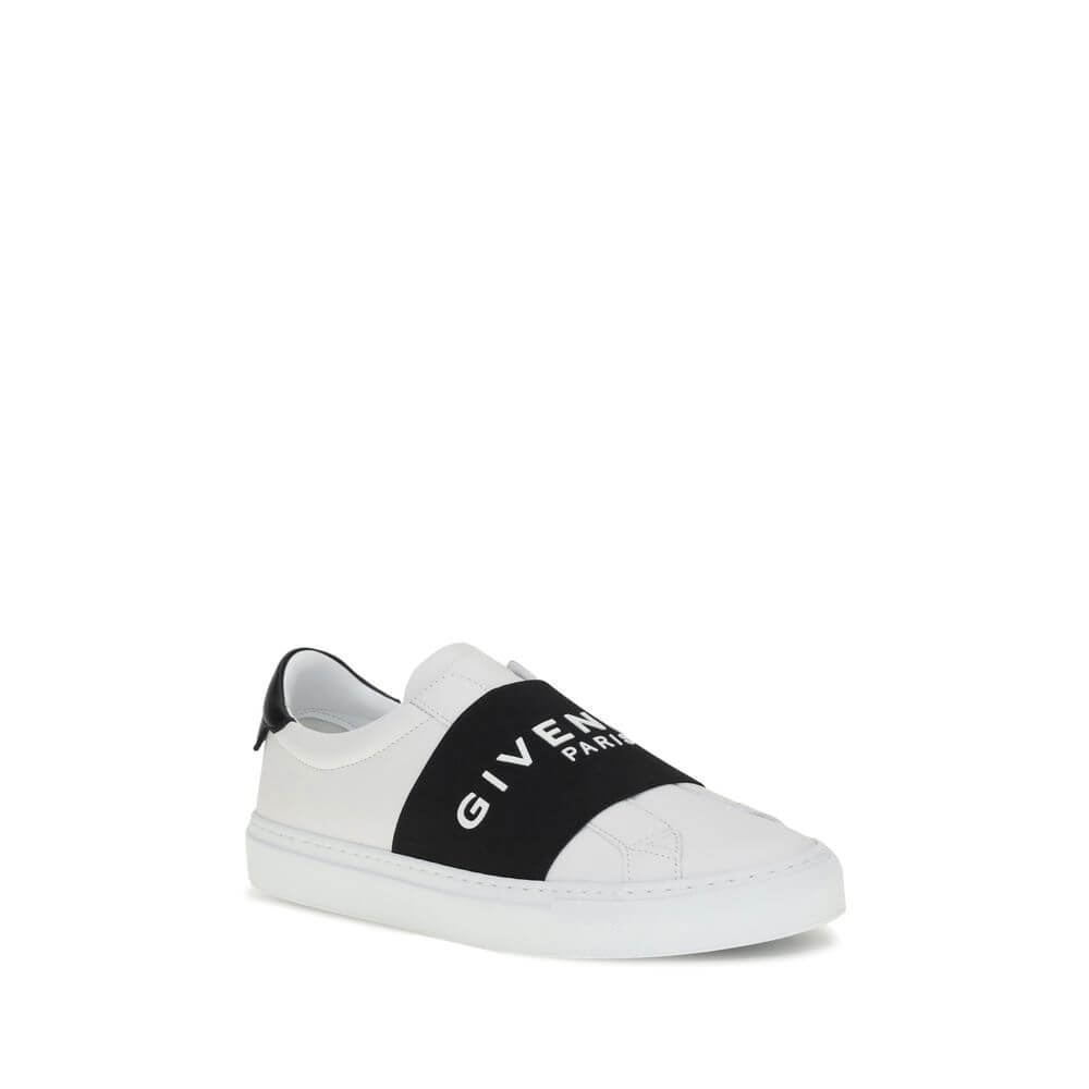 Givenchy White Calf Leather Bos Taurus Low Top Sneakers with black elastic band and logo, side view.