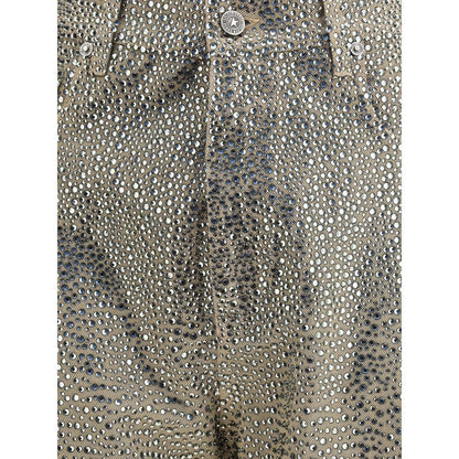 Close-up of Golden Goose Bicolor Cotton Straight-Leg Jeans with rhinestone detailing, showcasing button closure and pocket style.