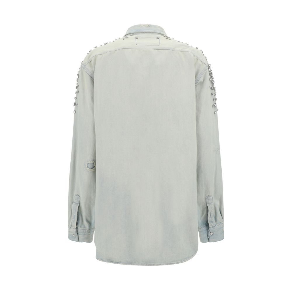 Back view of Golden Goose Blue Denim Shirt with bead embellishments on shoulders, oversized fit, 100% cotton.