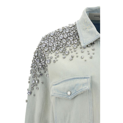 Close-up of Golden Goose Blue Denim Shirt with beaded shoulder appliqués and pocket details, highlighting 100% cotton material.