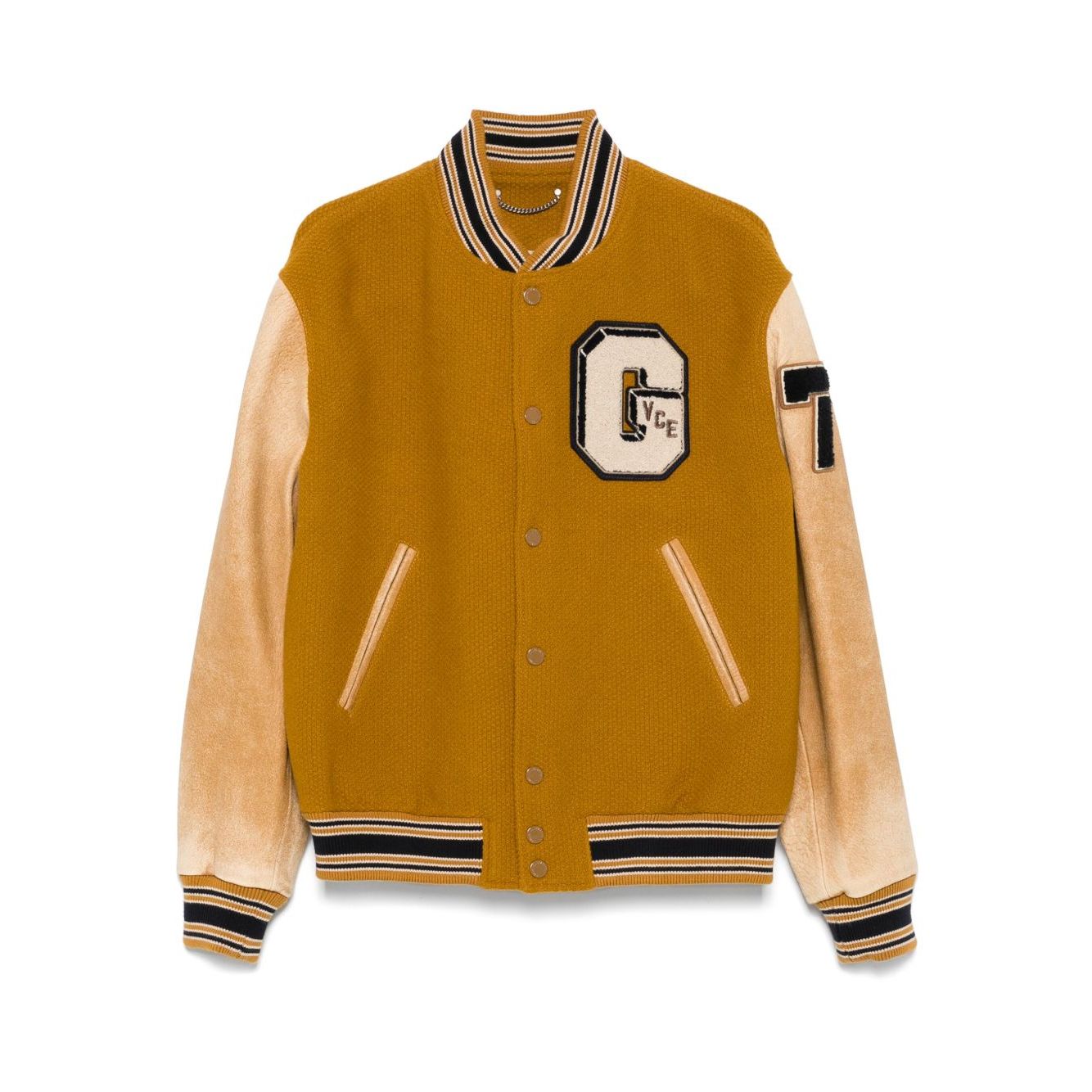 Golden Goose Coats mustard yellow varsity jacket with leather sleeves, letter patch, ribbed trims, button fastening, and welt pockets.