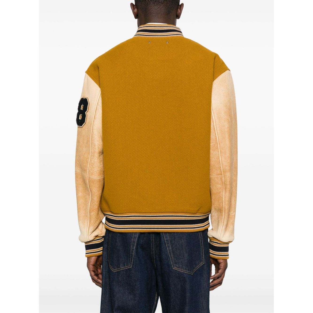 Back view of Golden Goose Coats mustard yellow wool and leather bomber jacket with varsity-style details and ribbed trims.