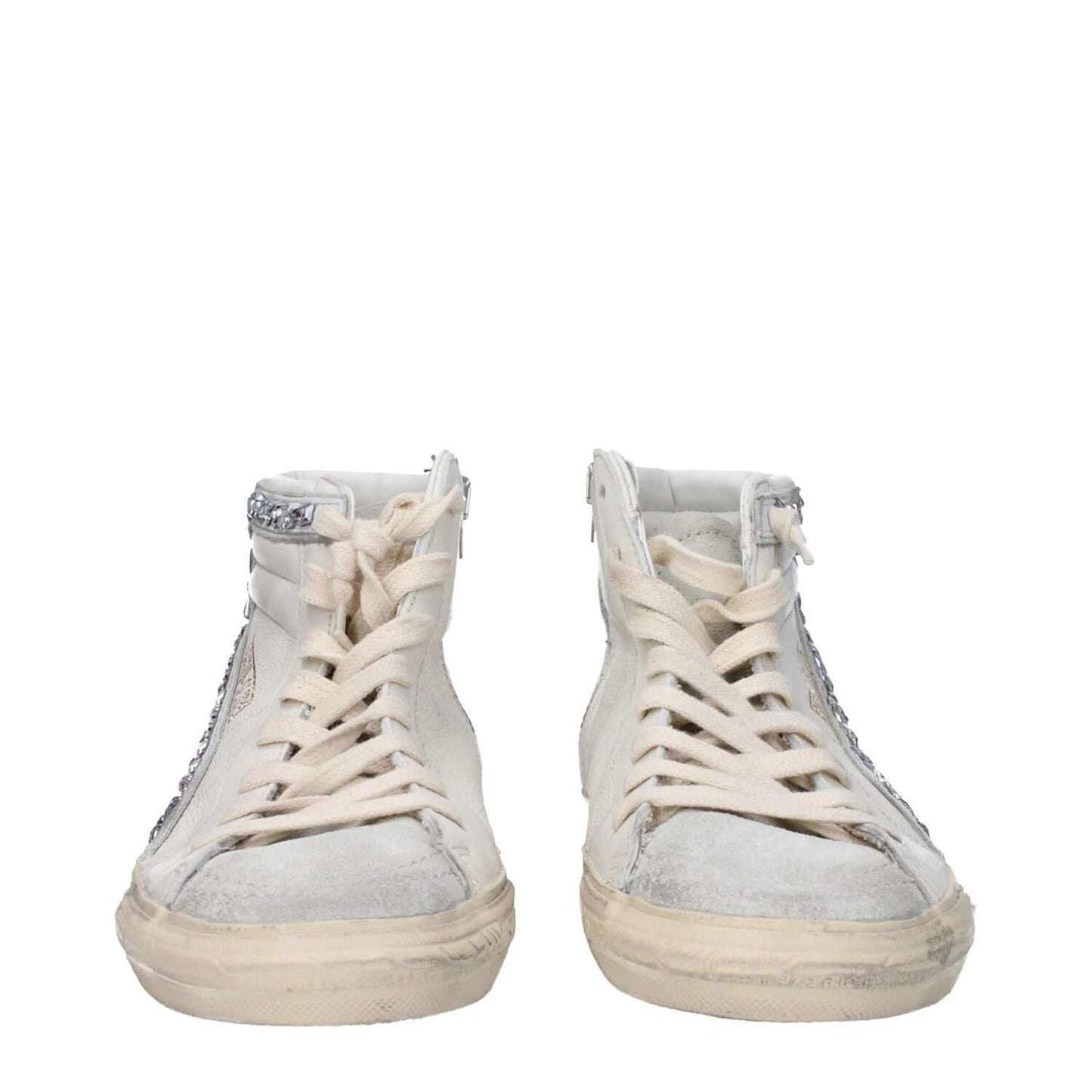 Golden Goose White Leather High Top Sneakers with vintage effect and silver details