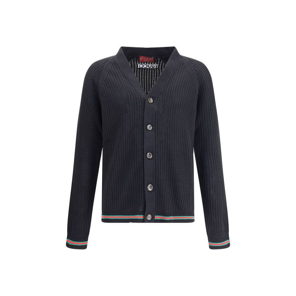 Gucci Black Cotton Cardigan with V-neck front and button closure, featuring raglan sleeves and ribbed cuffs for a refined, comfortable fit.