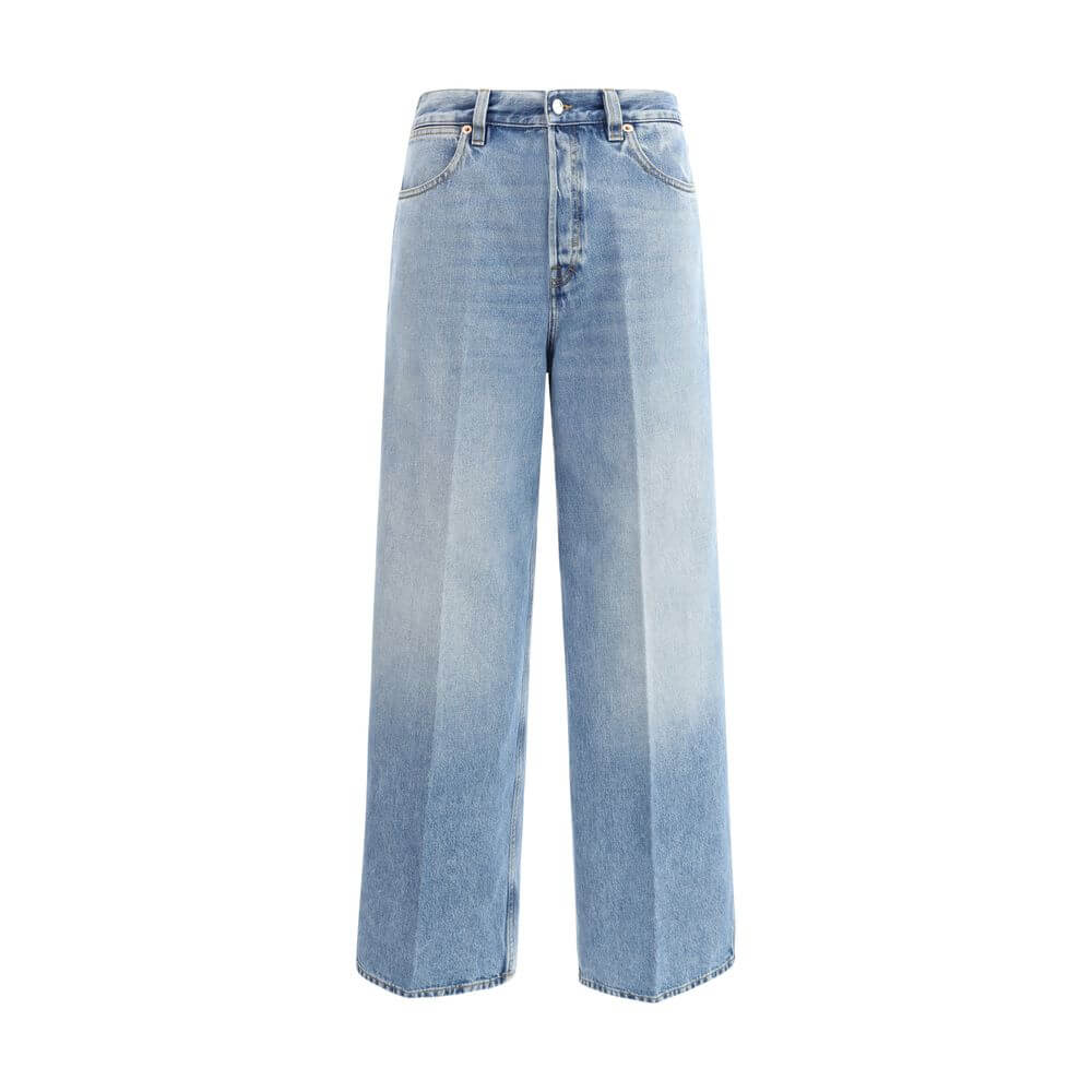 Gucci Light Blue Cotton Jeans Denim, wide leg, high waist, contrast stitching, vintage faded effect, front and back pockets, AW25 season.