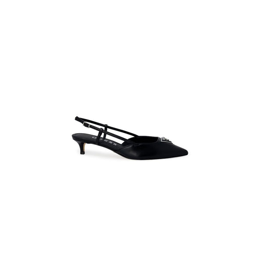 Guess Black Polyester High Heel slingback pump with pointed toe, low heel, adjustable strap, and metallic logo detail.