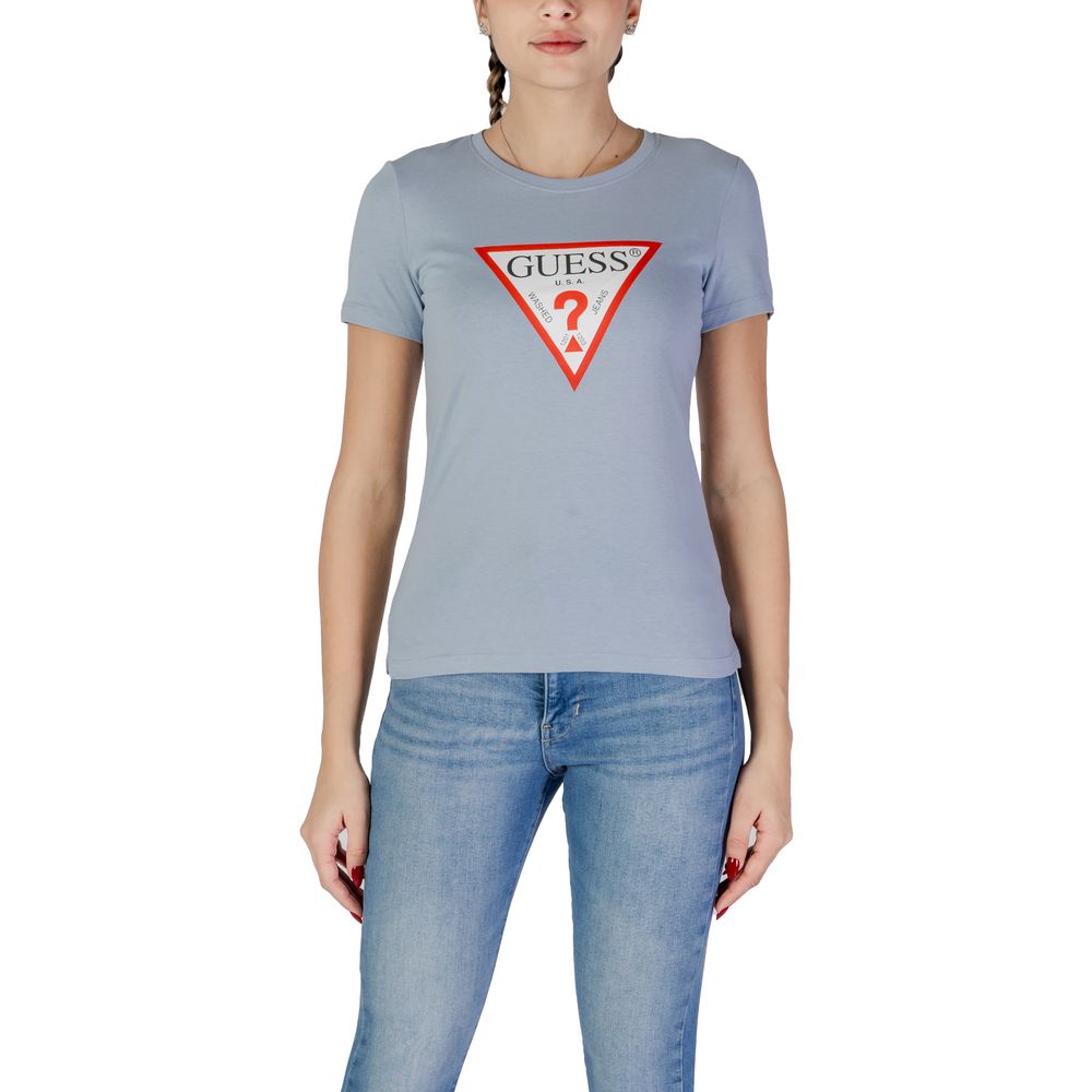 Woman wearing Guess Blue Cotton T-Shirt, short-sleeved spring/summer collection in 100% cotton.
