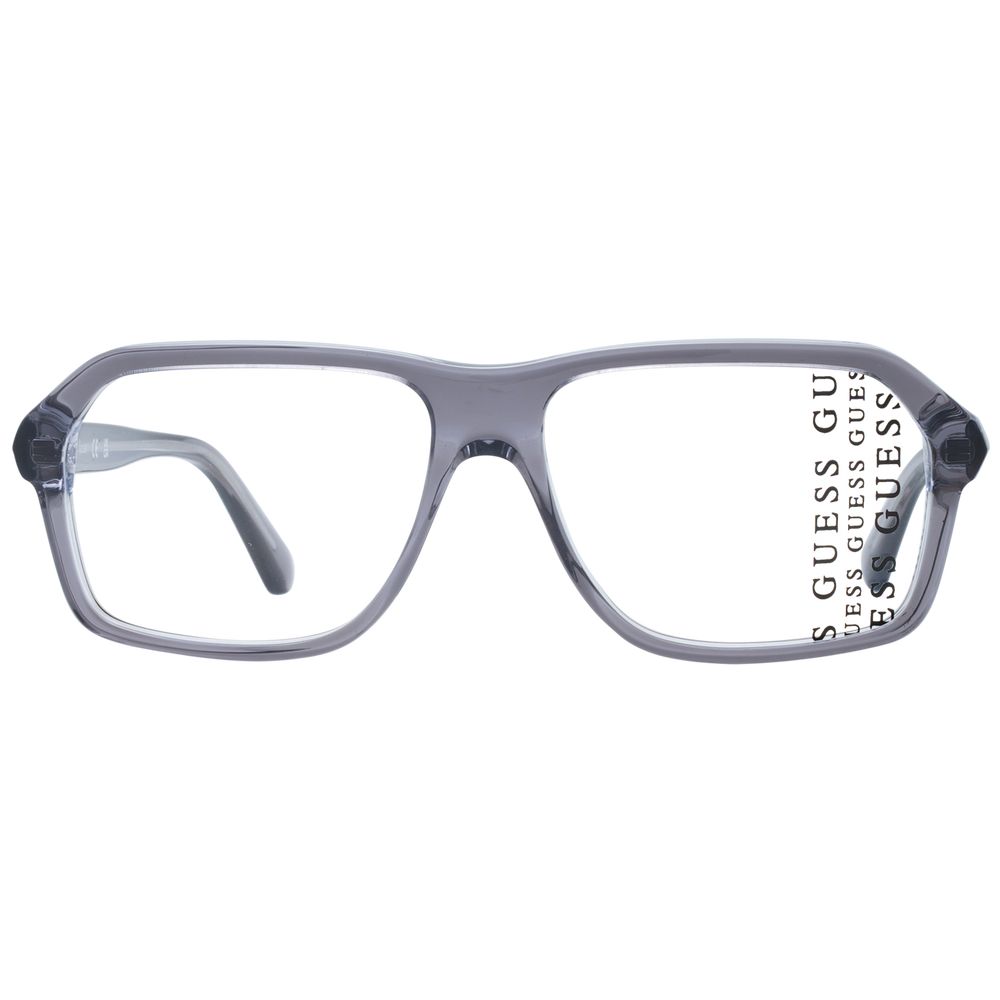 Guess Gray Plastic Glasses (Frames) for men, full-rim rectangle style with 55mm demo lenses and spring hinge, includes branded case.