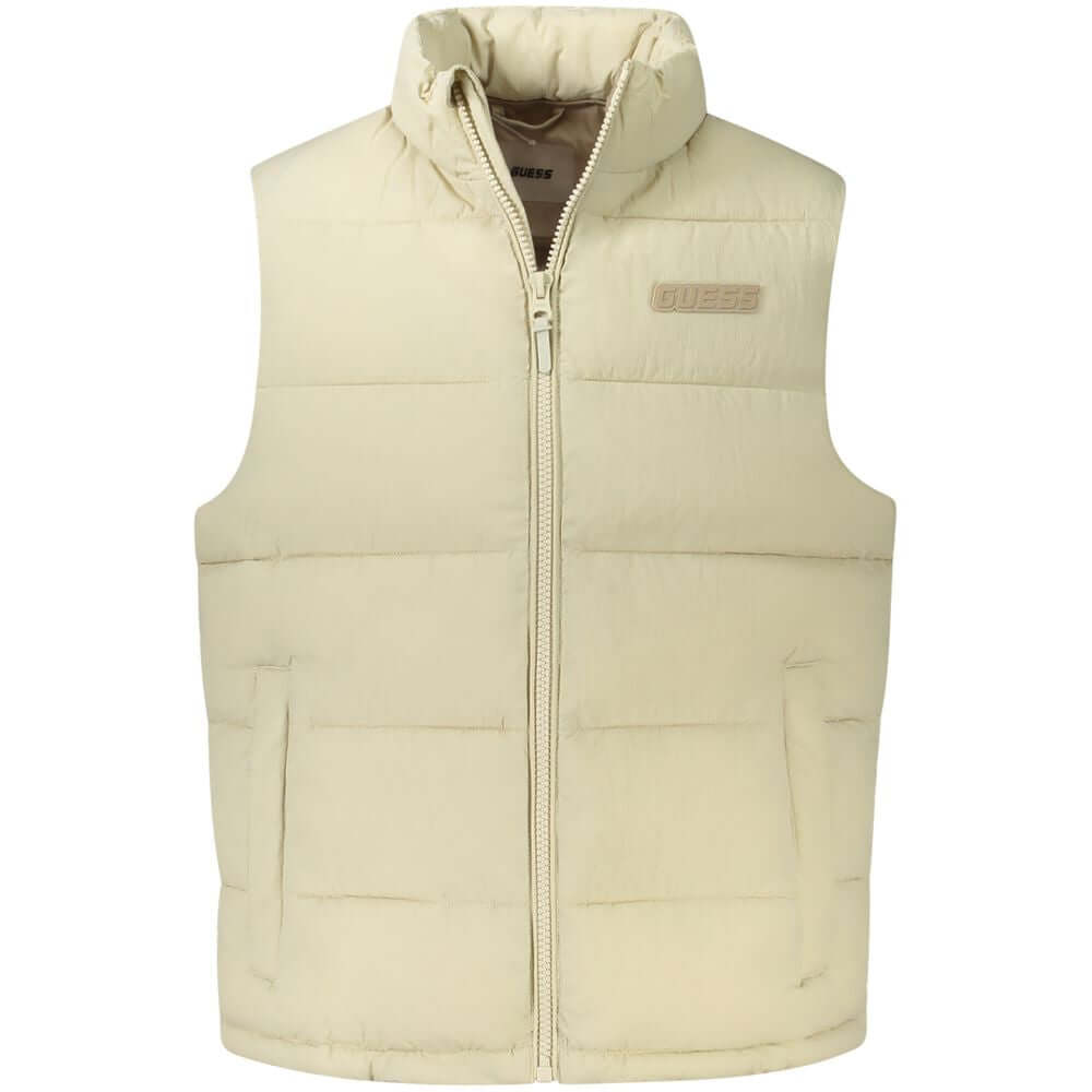 Guess Jeans Beige Polyamide Men Jacket - Sleeveless water-resistant jacket with logo and pockets for stylish and practical outerwear