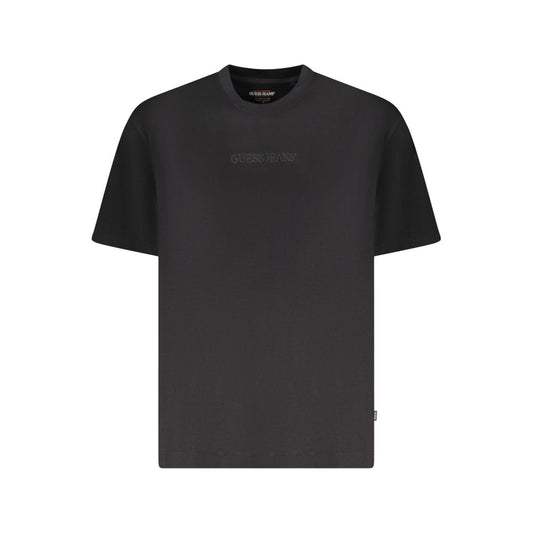 Guess Jeans Black Cotton Men Oversize T-Shirt with crew neck and embroidered logo, perfect for luxury casualwear in organic cotton.