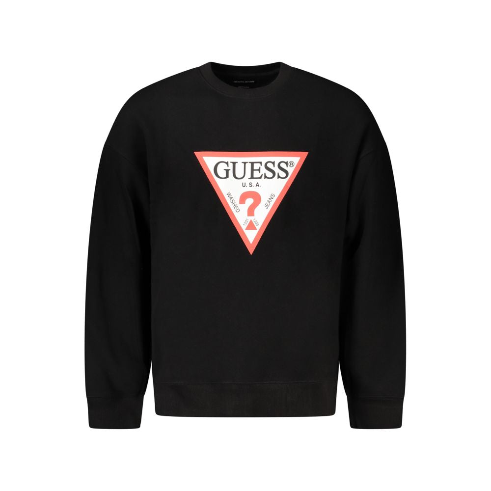 Guess Jeans Black Cotton Men Sweater with logo print, classic crew neck, and oversized fit for casual luxury.