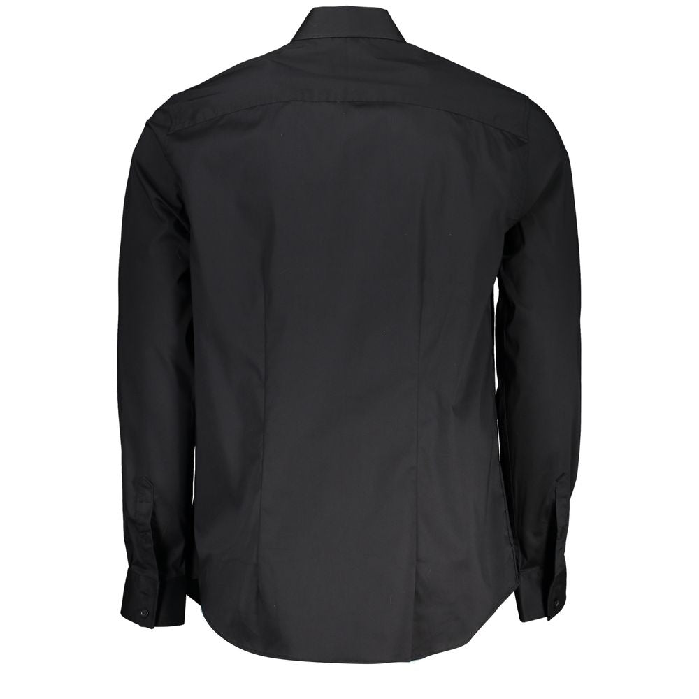 Guess Jeans Black Cotton Shirt, long-sleeved with Italian collar and embroidered logo, back view showcasing slim fit design.