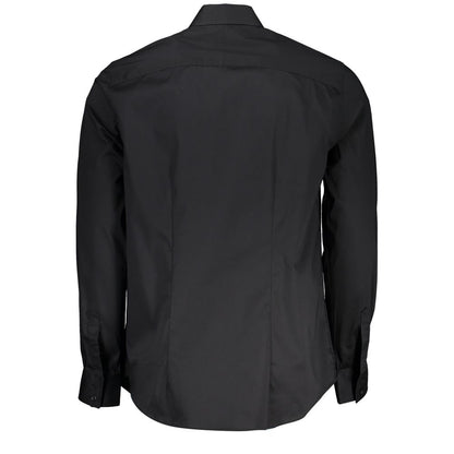 Guess Jeans Black Cotton Shirt, long-sleeved with Italian collar and embroidered logo, back view showcasing slim fit design.