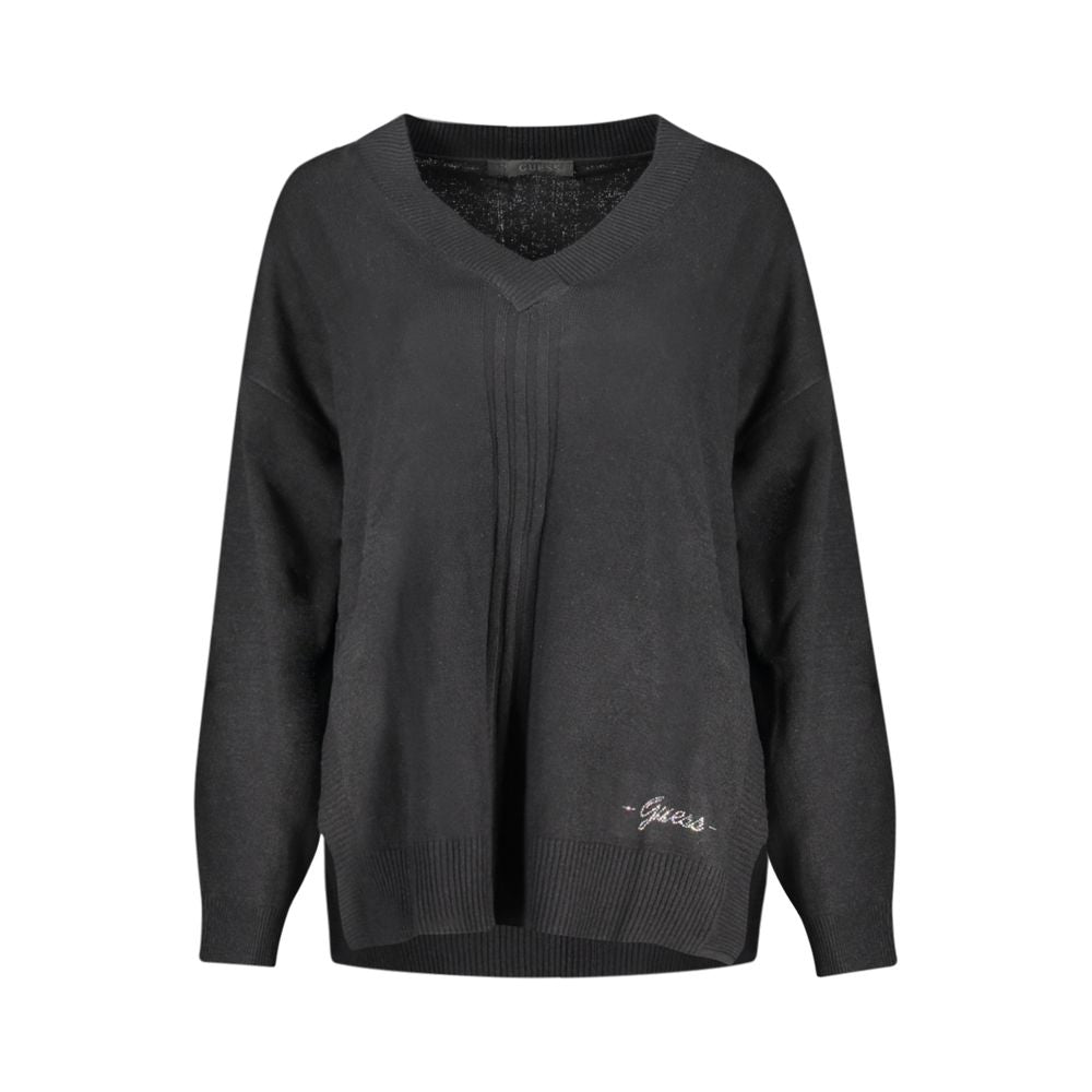 Guess Jeans Black Cotton Sweater with V-neck, long sleeves, contrasting details, and logo accent.