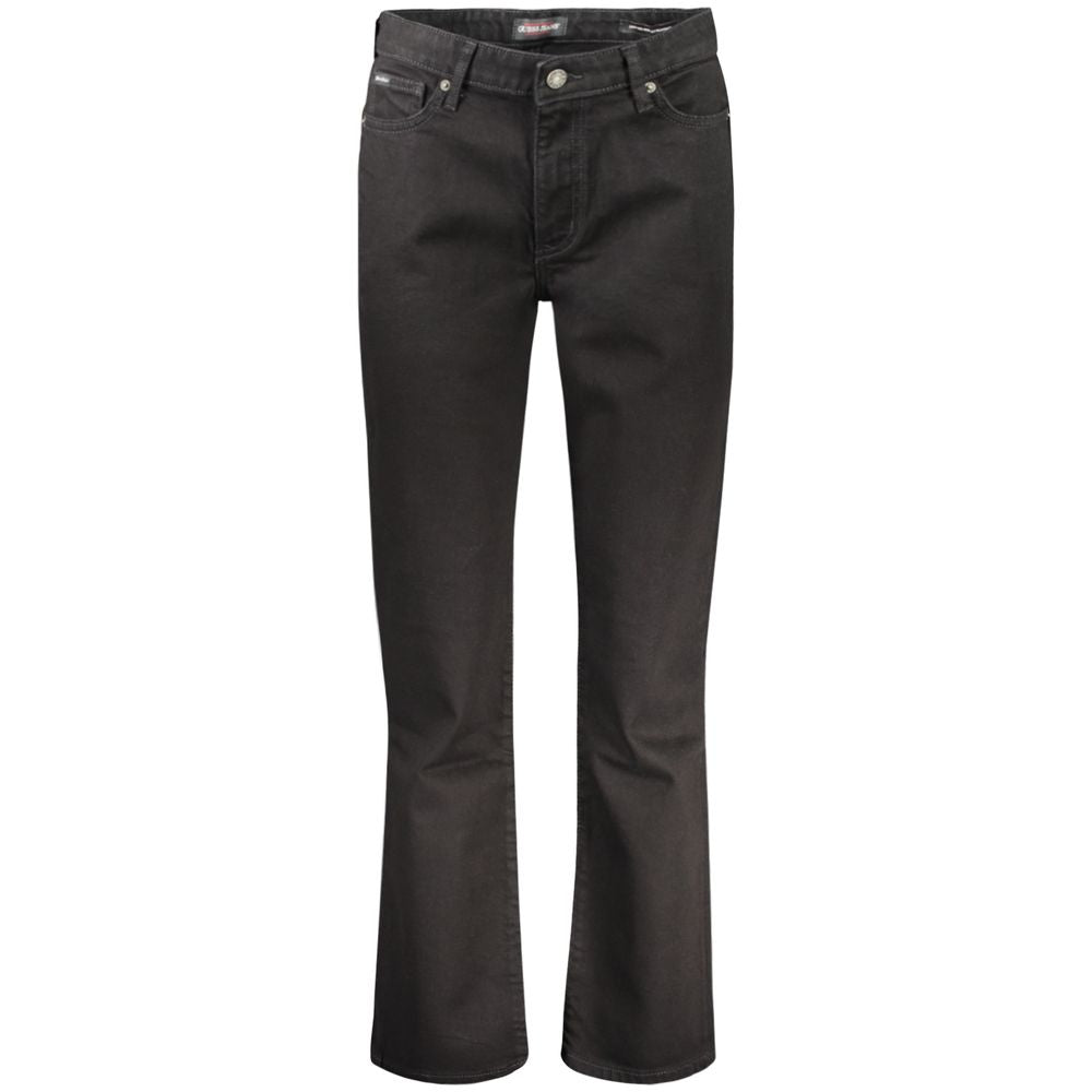 Guess Jeans Black Cotton Women's Jeans, Mid Rise Straight, featuring five-pocket design and iconic logo for chic style.